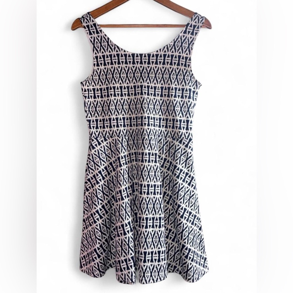 Divided Ikat Print Dress Navy Blue White Geometric Skater Fit Flare Mini H&M 10